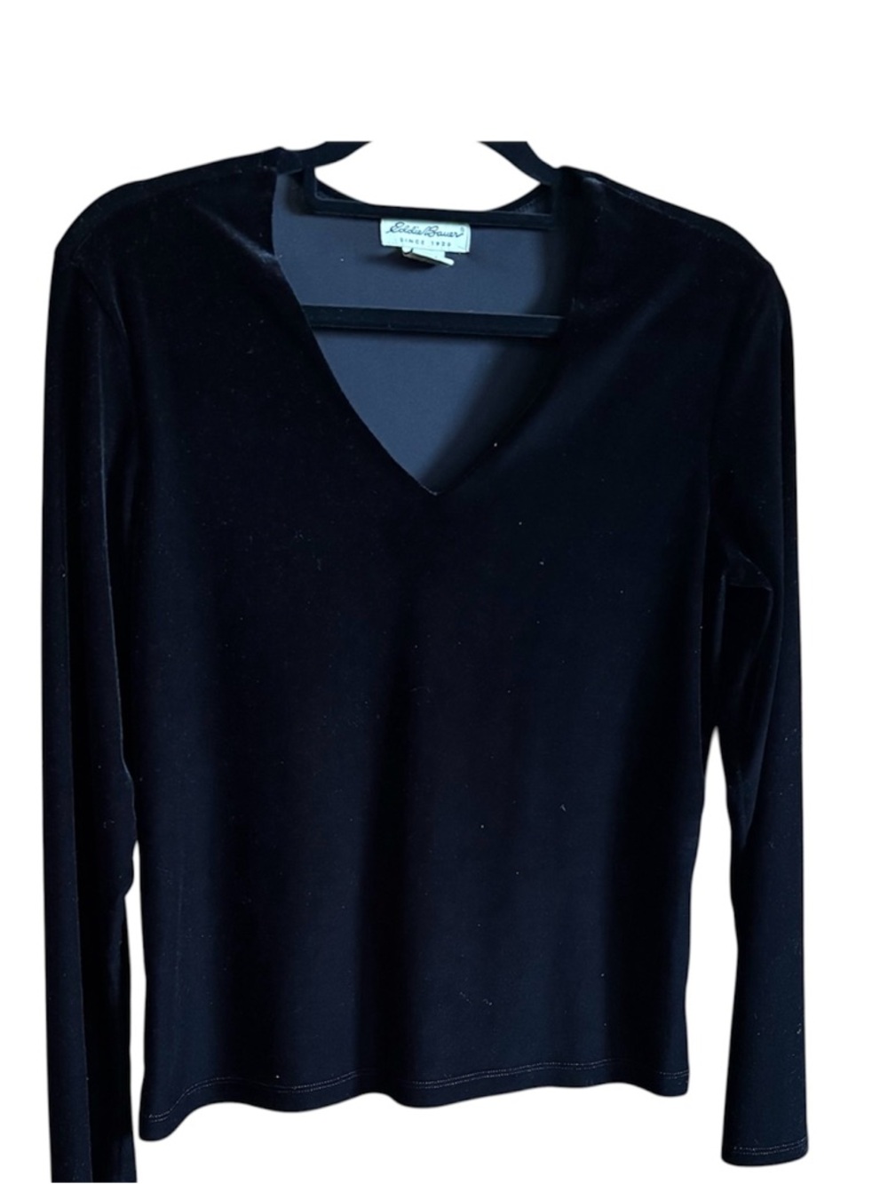 Women's Eddie Bauer velour black v-neck long sleeve top medium.